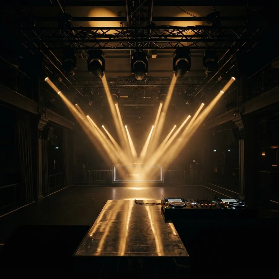 Moving head lights above a distant DJ booth, warm beams through haze