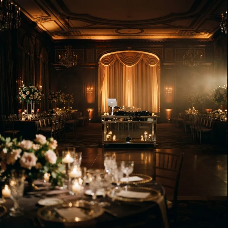 Mirrored DJ table glowing in a dark hall, console silhouetted in the distance