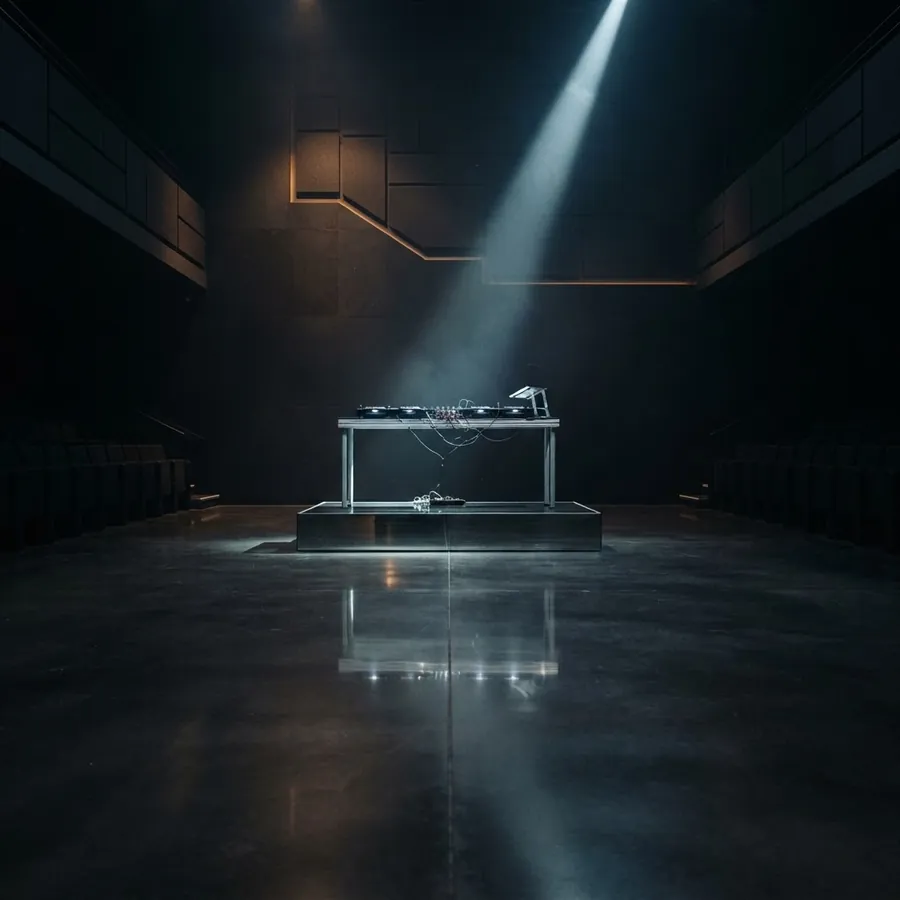 Minimal corporate stage with a distant DJ console on a mirrored riser
