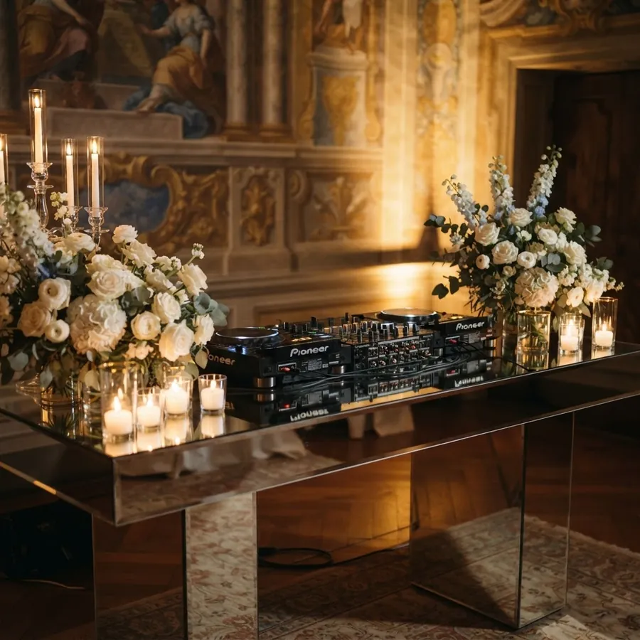 Mirrored DJ table with candles and white flowers in a historic villa